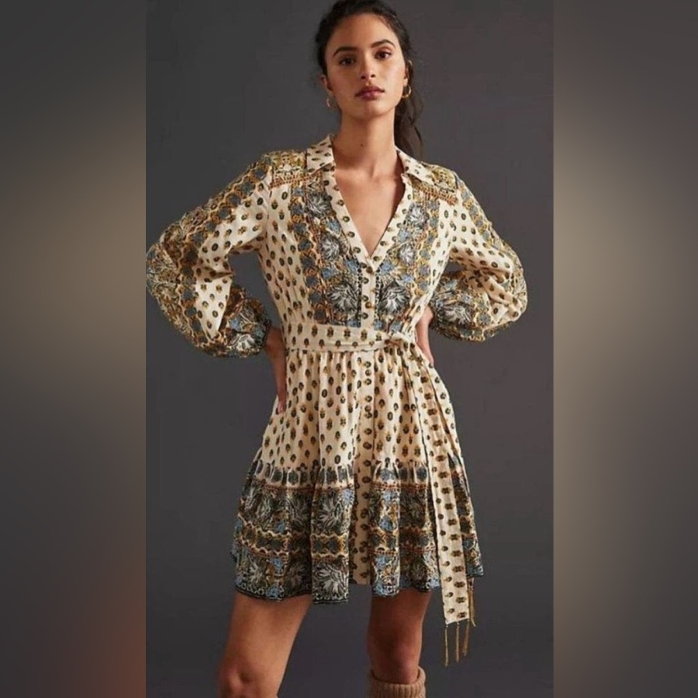 NWT: Anthropologie Cream and Blue Long Sleeve Dress
